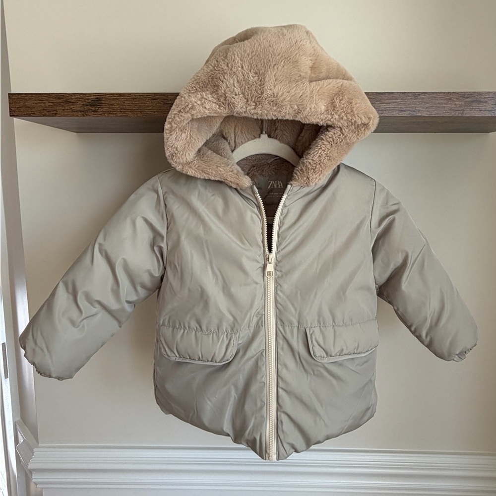 Zara Kids Tan Puffer Jacket with Faux Fur Hood